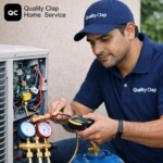 Quality Clap technician checking refrigerant gas pressure during AC service
